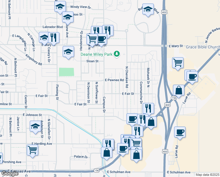 map of restaurants, bars, coffee shops, grocery stores, and more near 2105 Arapaho Drive North in Garden City