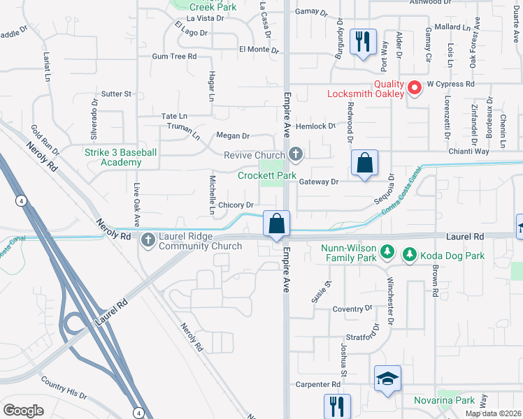 map of restaurants, bars, coffee shops, grocery stores, and more near 2107 Chicory Drive in Oakley