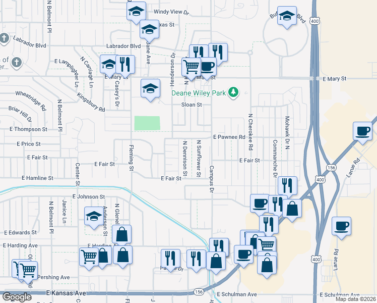 map of restaurants, bars, coffee shops, grocery stores, and more near 2106 North Dennison Street in Garden City