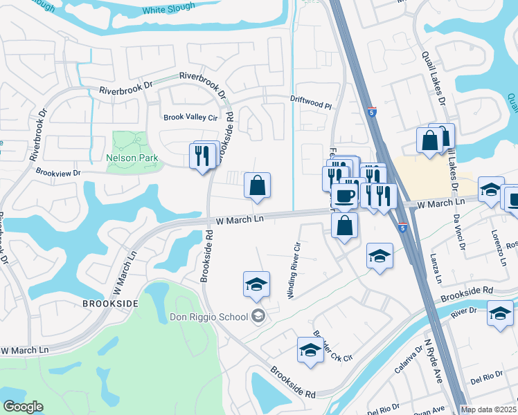 map of restaurants, bars, coffee shops, grocery stores, and more near 3121 W March Ln in Stockton