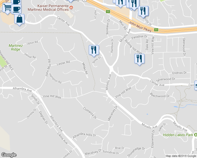 map of restaurants, bars, coffee shops, grocery stores, and more near 1230 Oakcrest Court in Martinez