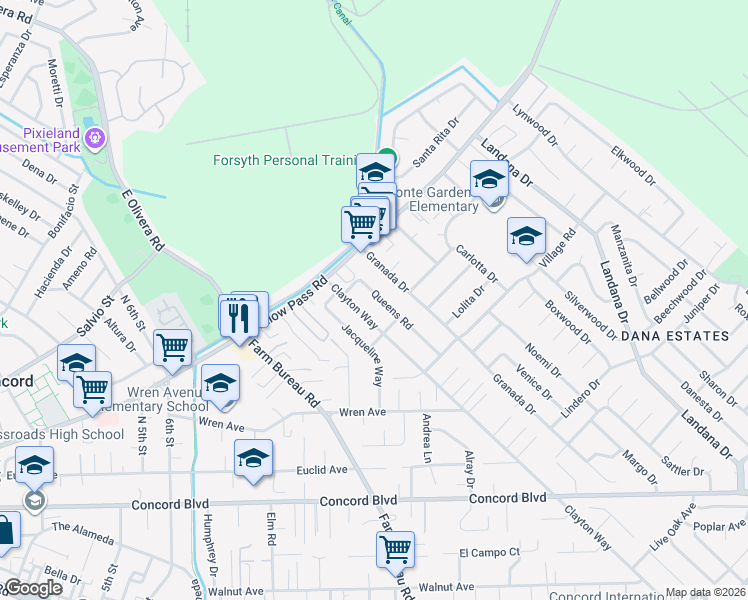 map of restaurants, bars, coffee shops, grocery stores, and more near 1897 Queens Road in Concord