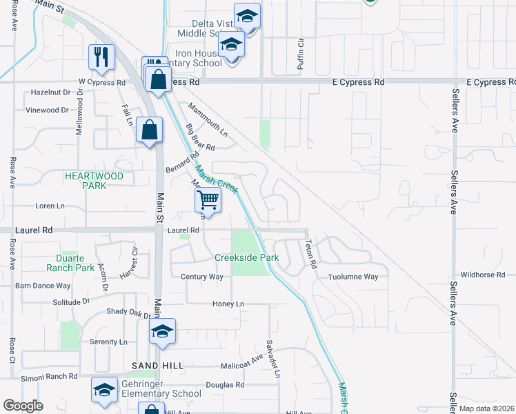 map of restaurants, bars, coffee shops, grocery stores, and more near 2119 Meadowlark Lane in Oakley