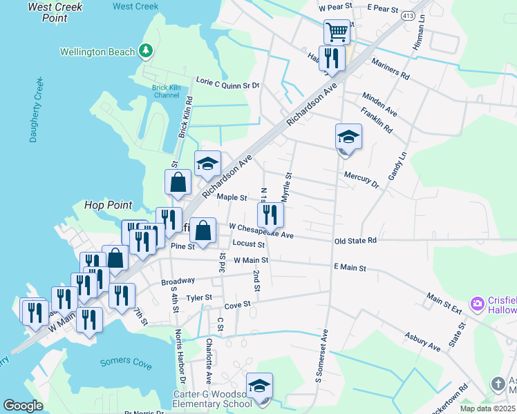 map of restaurants, bars, coffee shops, grocery stores, and more near 215 North 1st Street in Crisfield