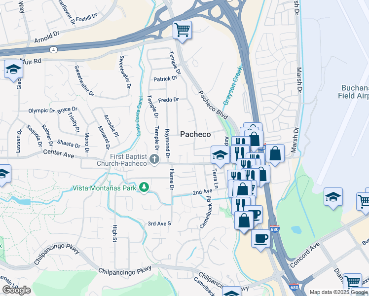 map of restaurants, bars, coffee shops, grocery stores, and more near 29 Temple Court in Pacheco