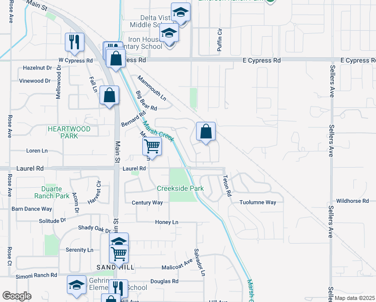 map of restaurants, bars, coffee shops, grocery stores, and more near 2119 Meadowlark Lane in Oakley