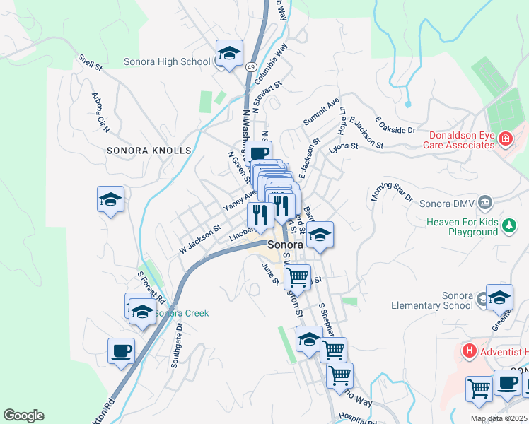 map of restaurants, bars, coffee shops, grocery stores, and more near 33 Bradford Street in Sonora