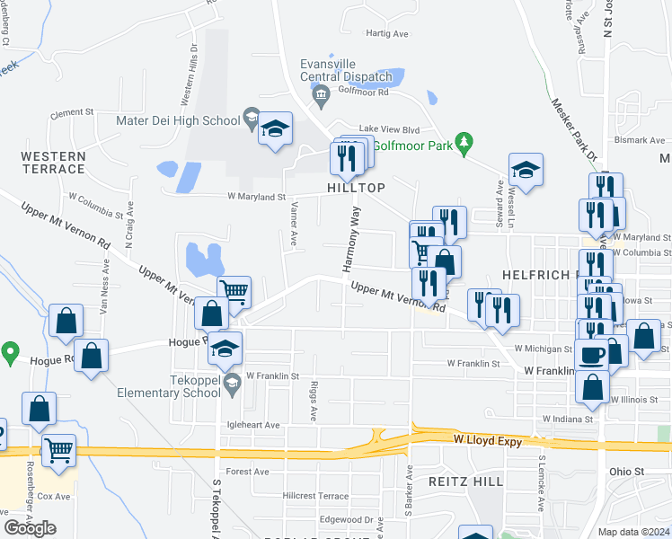 map of restaurants, bars, coffee shops, grocery stores, and more near 3101 Mount Vernon Avenue in Evansville