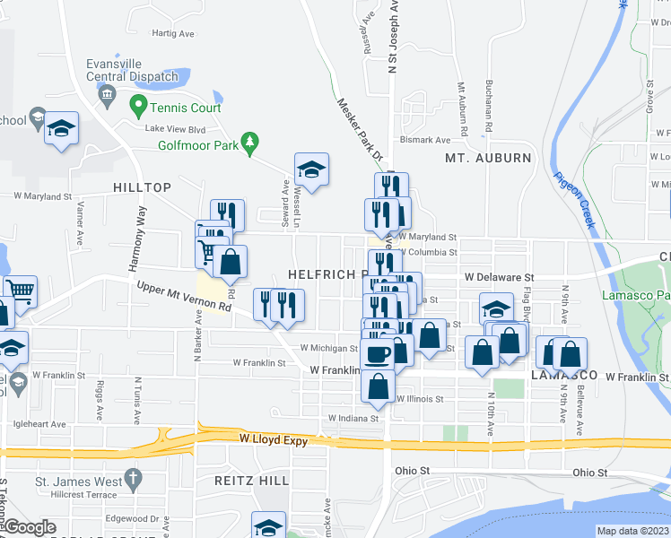 map of restaurants, bars, coffee shops, grocery stores, and more near 702 North Bell Avenue in Evansville