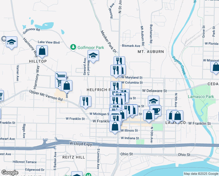 map of restaurants, bars, coffee shops, grocery stores, and more near 704 Hess Avenue in Evansville