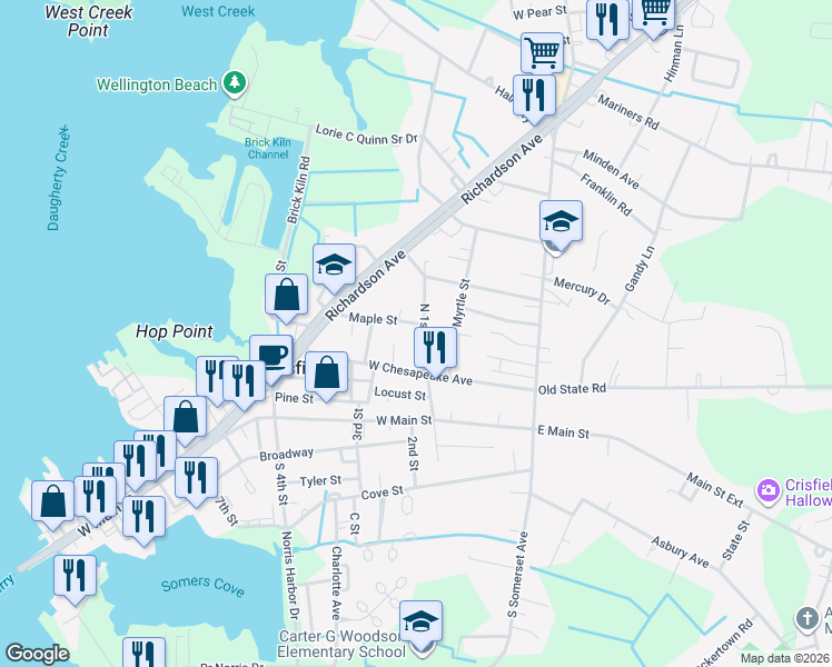 map of restaurants, bars, coffee shops, grocery stores, and more near 215 North 1st Street in Crisfield