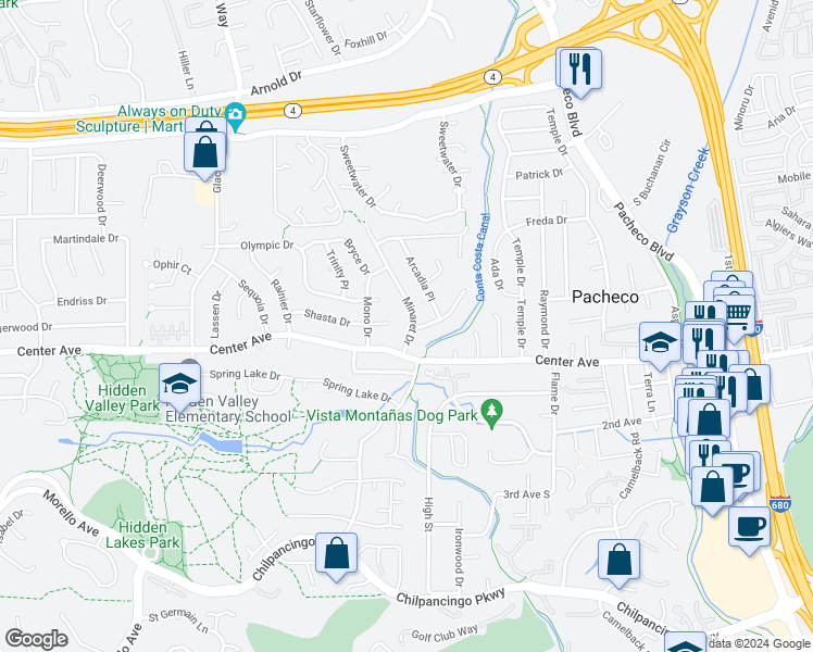 map of restaurants, bars, coffee shops, grocery stores, and more near 2362 Minaret Drive in Martinez