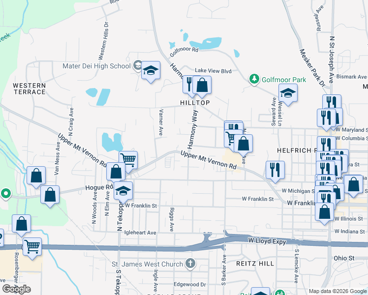 map of restaurants, bars, coffee shops, grocery stores, and more near 3101 Mount Vernon Avenue in Evansville