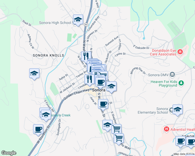 map of restaurants, bars, coffee shops, grocery stores, and more near 75 South Washington Street in Sonora