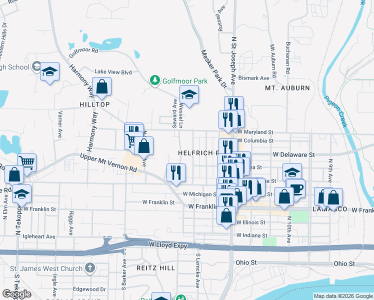 map of restaurants, bars, coffee shops, grocery stores, and more near 2611 West Delaware Street in Evansville