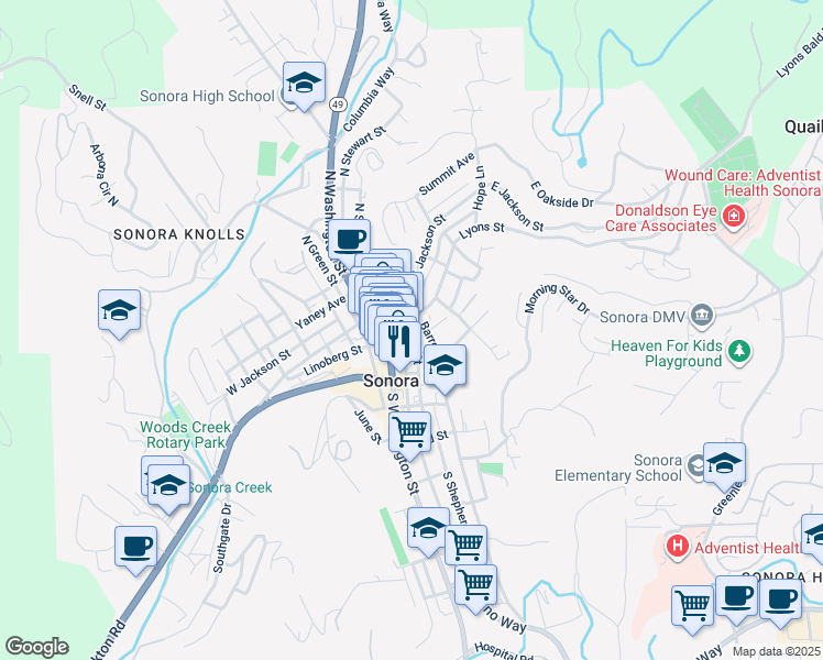 map of restaurants, bars, coffee shops, grocery stores, and more near 104 Barretta Street in Sonora