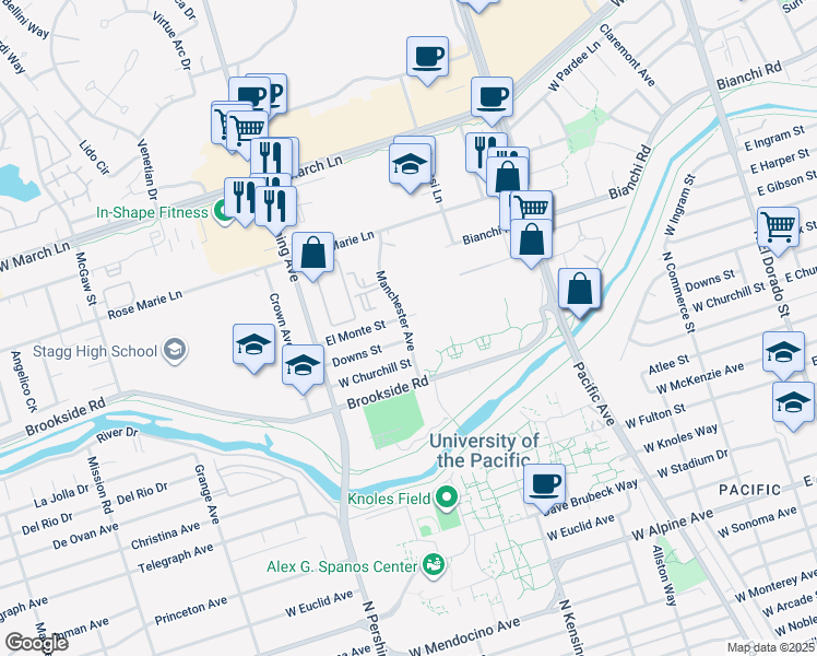 map of restaurants, bars, coffee shops, grocery stores, and more near 4132 Manchester Avenue in Stockton