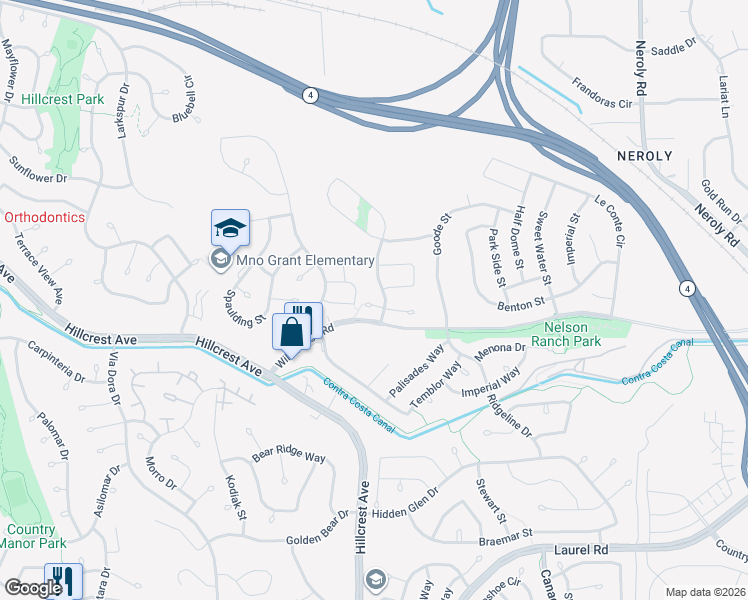 map of restaurants, bars, coffee shops, grocery stores, and more near 4151 Tulare Court in Antioch