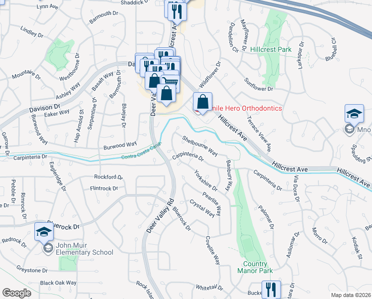 map of restaurants, bars, coffee shops, grocery stores, and more near 2341 Yorkshire Drive in Antioch