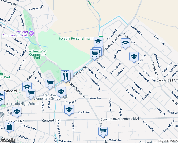 map of restaurants, bars, coffee shops, grocery stores, and more near 1905 Clayton Way in Concord