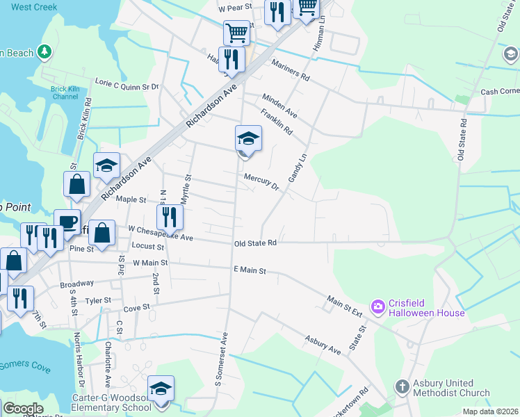 map of restaurants, bars, coffee shops, grocery stores, and more near in Crisfield