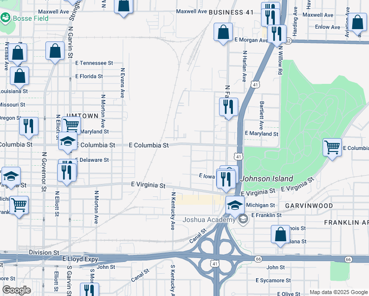 map of restaurants, bars, coffee shops, grocery stores, and more near 717 North New York Avenue in Evansville