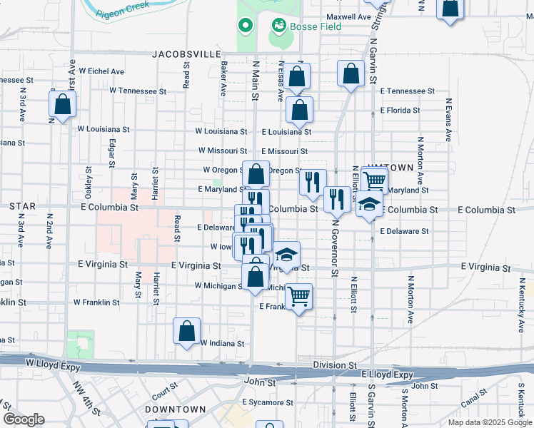 map of restaurants, bars, coffee shops, grocery stores, and more near 27 E Columbia St in Evansville