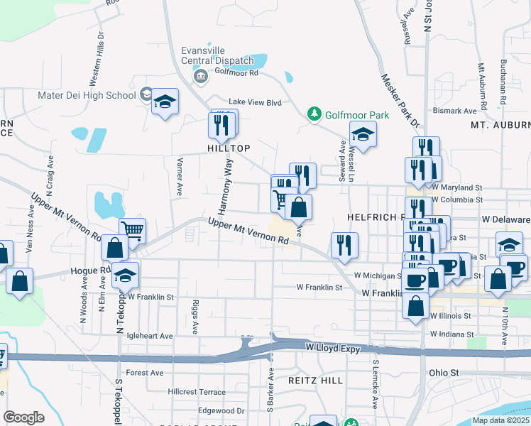 map of restaurants, bars, coffee shops, grocery stores, and more near 2908 West Delaware Street in Evansville