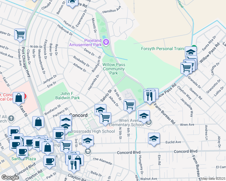 map of restaurants, bars, coffee shops, grocery stores, and more near in Concord