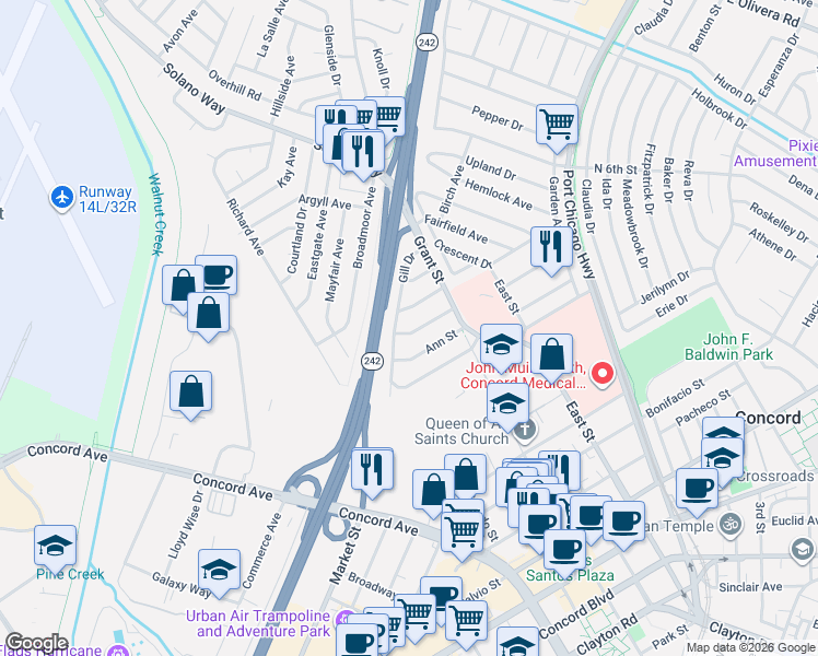 map of restaurants, bars, coffee shops, grocery stores, and more near 2143 Frederick Street in Concord