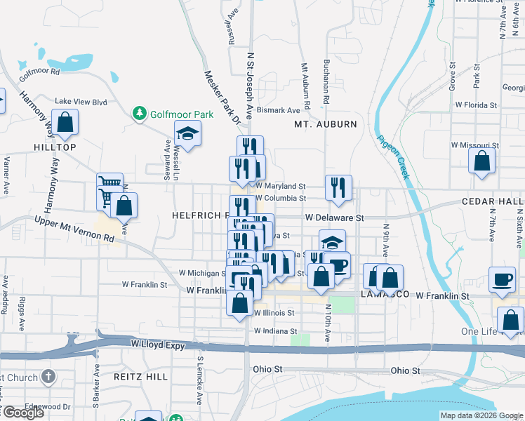 map of restaurants, bars, coffee shops, grocery stores, and more near 2321 West Delaware Street in Evansville