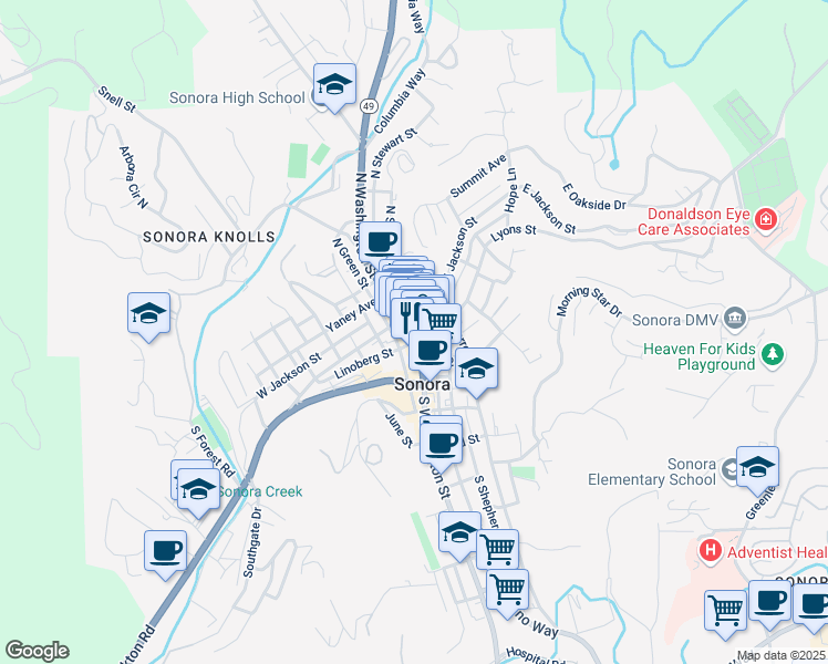 map of restaurants, bars, coffee shops, grocery stores, and more near 71 South Washington Street in Sonora