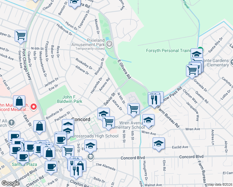 map of restaurants, bars, coffee shops, grocery stores, and more near 3166 Salvio Street in Concord