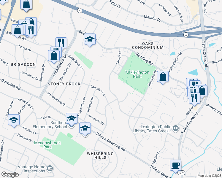 map of restaurants, bars, coffee shops, grocery stores, and more near 3512 Laredo Drive in Lexington