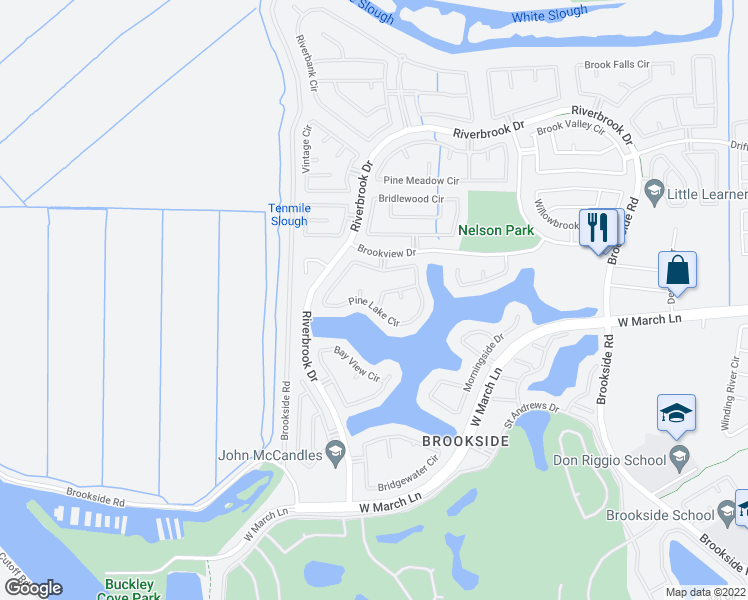 map of restaurants, bars, coffee shops, grocery stores, and more near 5109 Doverton Drive in Stockton