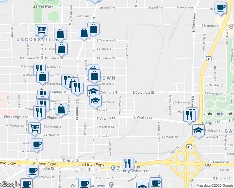 map of restaurants, bars, coffee shops, grocery stores, and more near 757 East Columbia Street in Evansville