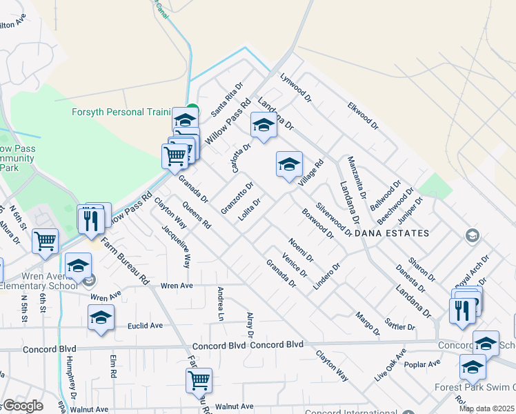 map of restaurants, bars, coffee shops, grocery stores, and more near 3642 Lolita Drive in Concord