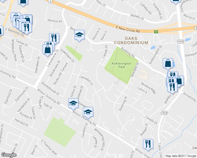 map of restaurants, bars, coffee shops, grocery stores, and more near 3512 Laredo Drive in Lexington