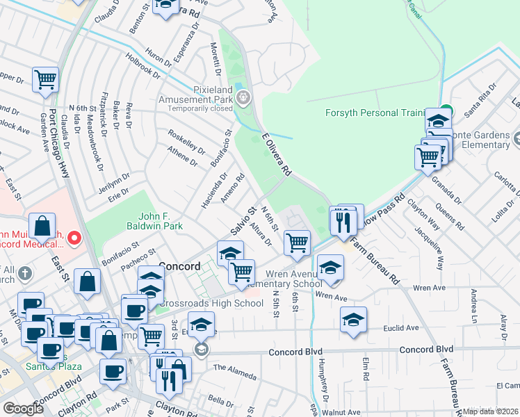 map of restaurants, bars, coffee shops, grocery stores, and more near 3166 Salvio Street in Concord