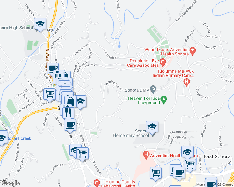 map of restaurants, bars, coffee shops, grocery stores, and more near 621 Daybreak Court in Sonora