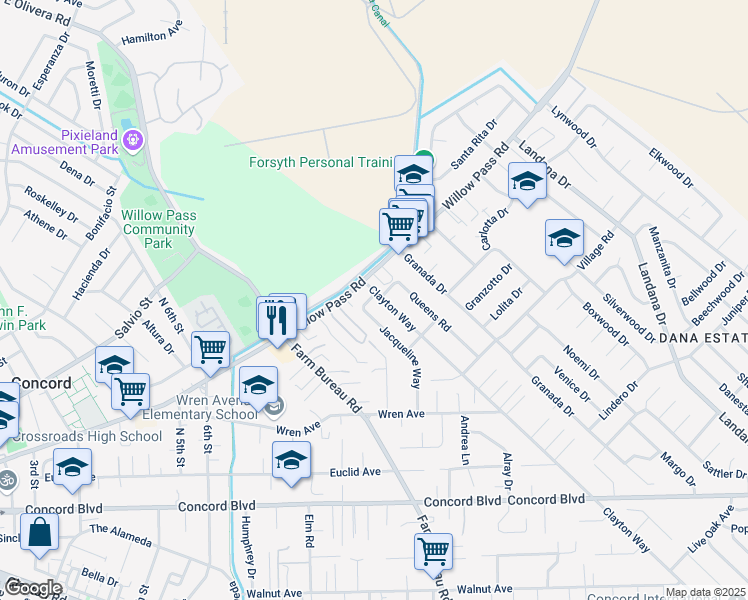 map of restaurants, bars, coffee shops, grocery stores, and more near 1905 Clayton Way in Concord