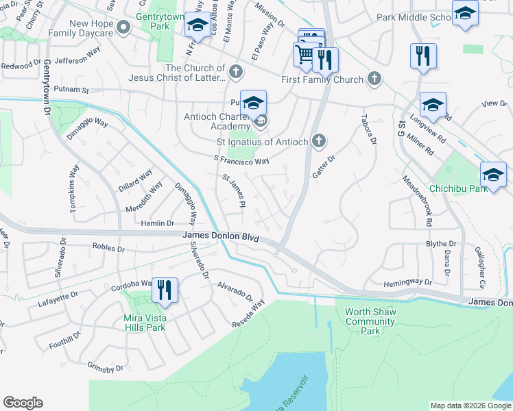 map of restaurants, bars, coffee shops, grocery stores, and more near 3720 Colonial Court in Antioch