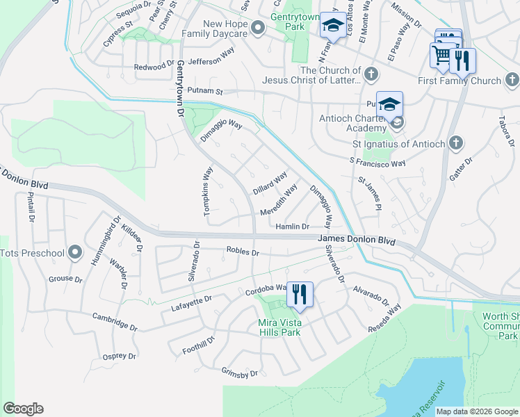 map of restaurants, bars, coffee shops, grocery stores, and more near 2226 Meredith Way in Antioch
