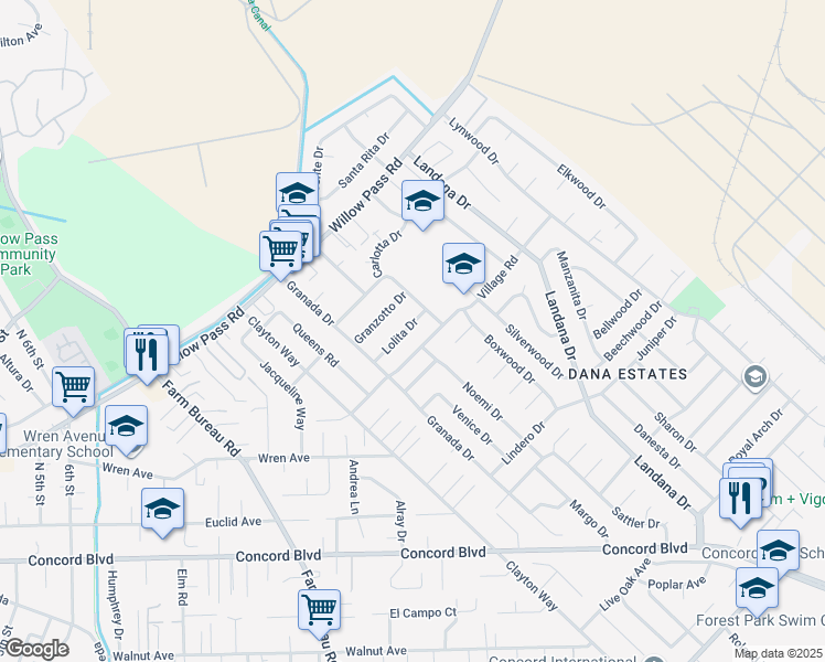 map of restaurants, bars, coffee shops, grocery stores, and more near 3642 Lolita Drive in Concord