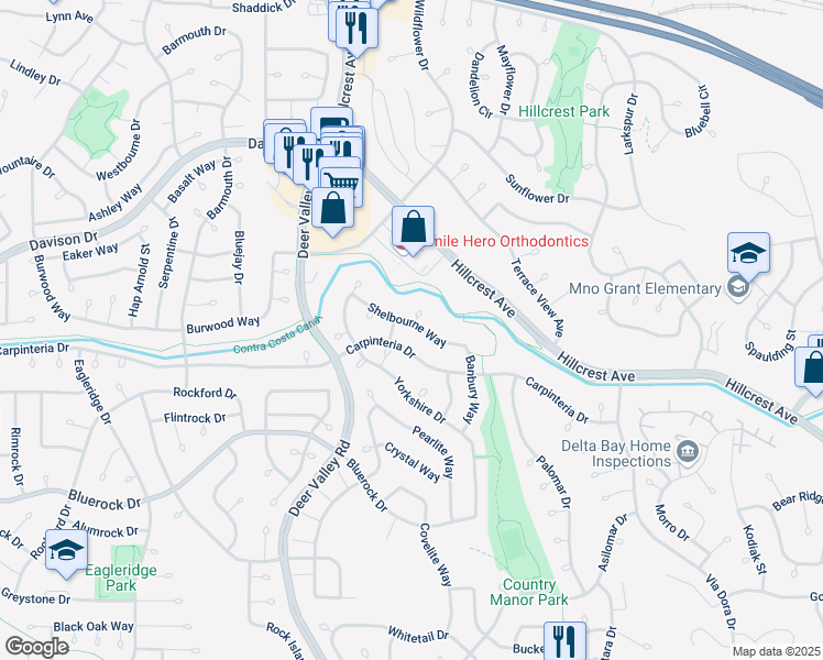 map of restaurants, bars, coffee shops, grocery stores, and more near 2410 Shelbourne Way in Antioch