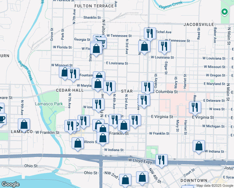 map of restaurants, bars, coffee shops, grocery stores, and more near 713 N 4th Ave in Evansville