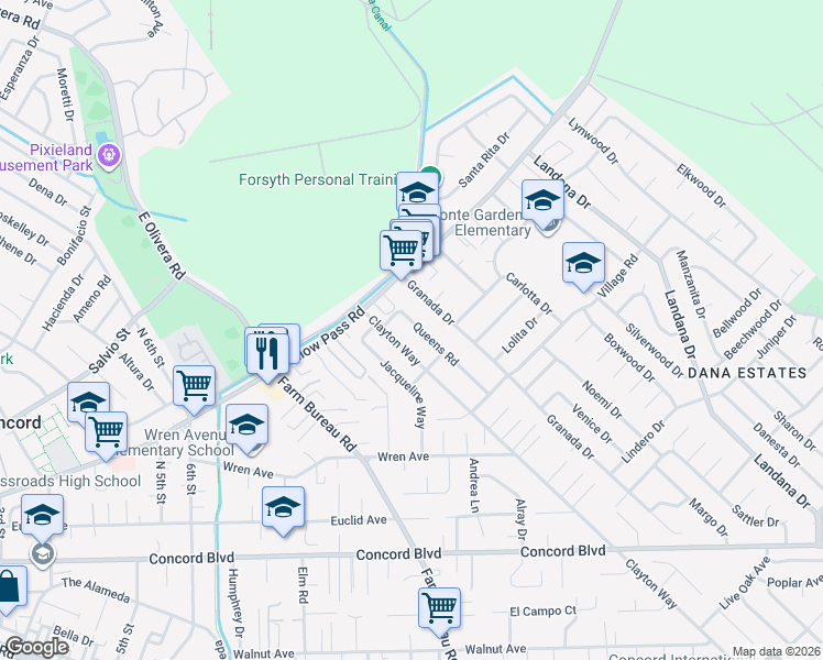 map of restaurants, bars, coffee shops, grocery stores, and more near 1897 Queens Road in Concord