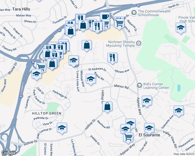 map of restaurants, bars, coffee shops, grocery stores, and more near 959 Kelvin Road in El Sobrante