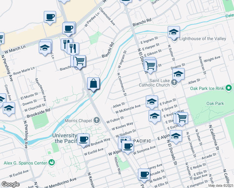 map of restaurants, bars, coffee shops, grocery stores, and more near 134 West Churchill Street in Stockton