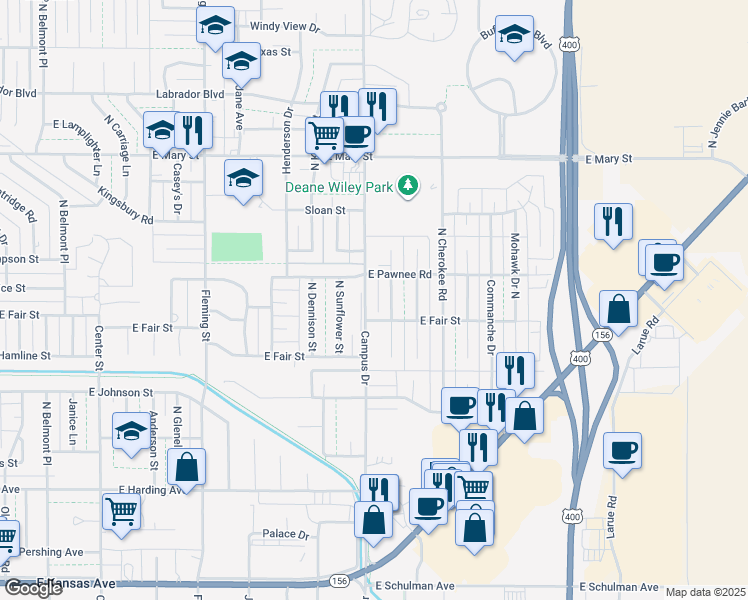 map of restaurants, bars, coffee shops, grocery stores, and more near 2105 Arapaho Drive North in Garden City
